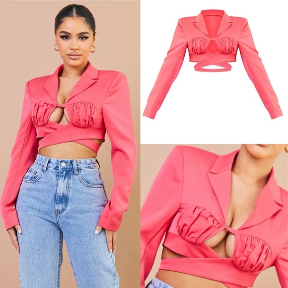 PrettyLittleThing Petite Pink Ruched Bust Cropped Blazer - Picture 4 of 10